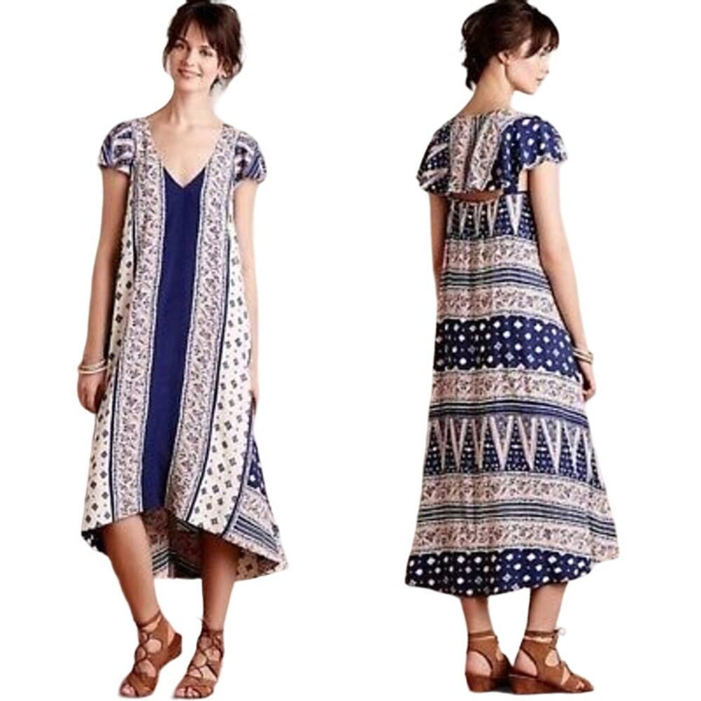 Anthropologie Maeve Summertide Swing Dress Cap Sleeve V-Neck Boho Blue Pink XS